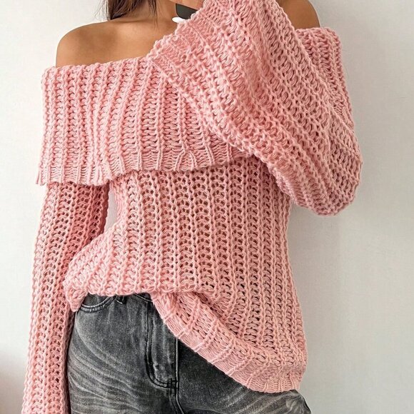 Sweaters - Pink Casual Women's Off-Shoulder Long Sleeve Sweater